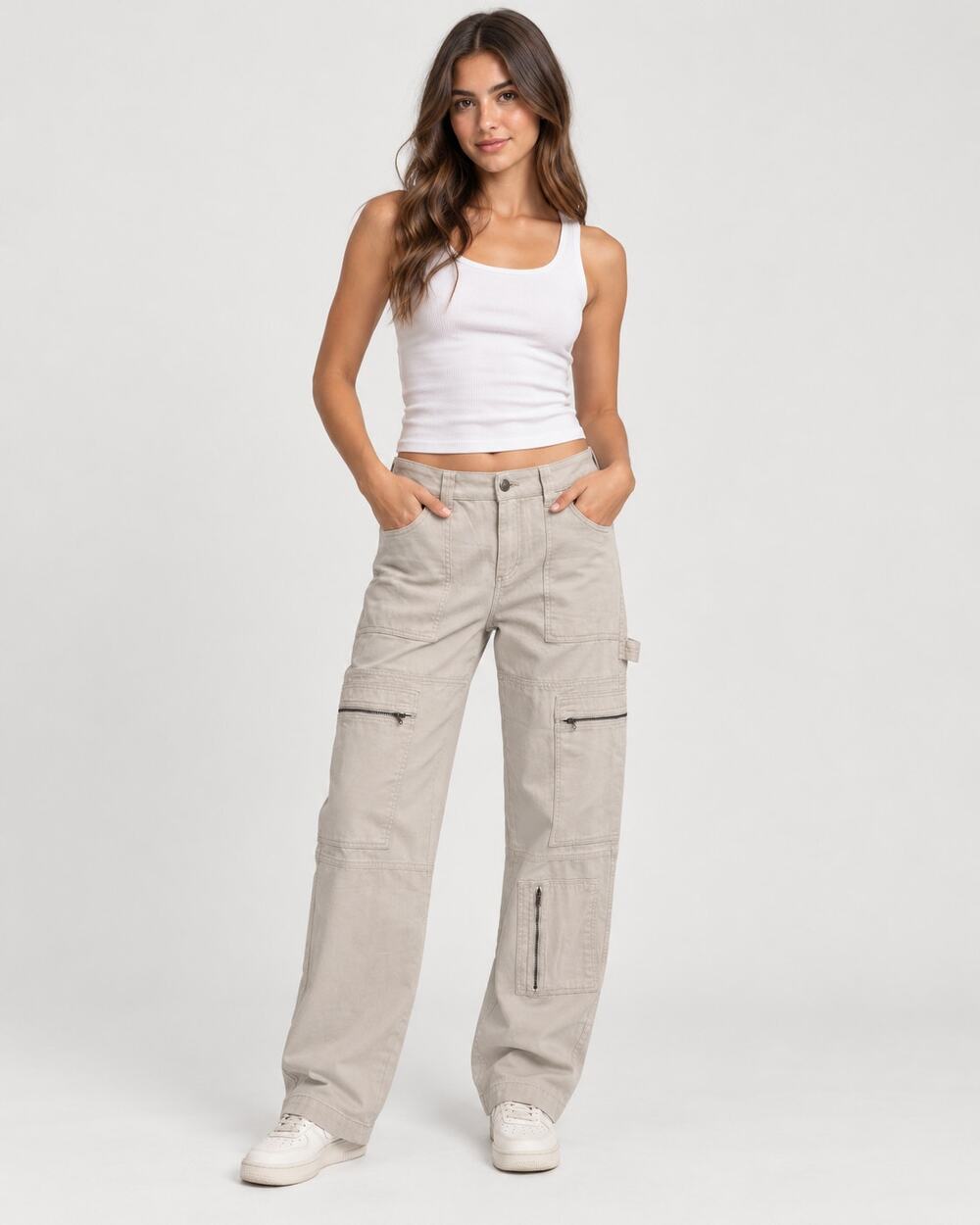 Garage Cargo Pants Women 9 Beige Utility Zip Pocket Straight Leg Cotton Y2K